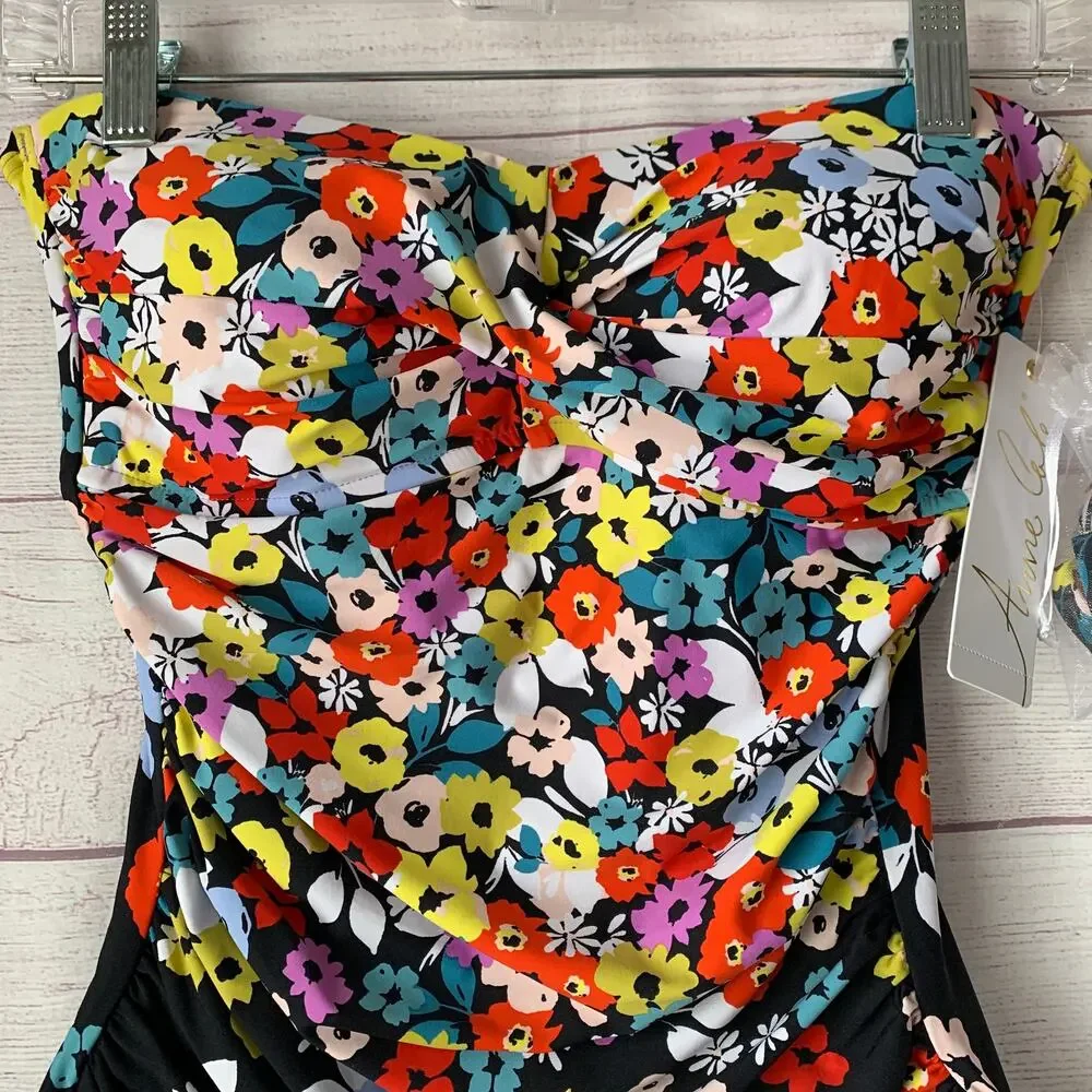 Anne Cole Black Colorful Floral Swimsuit Attachable Halter Strap Size 10